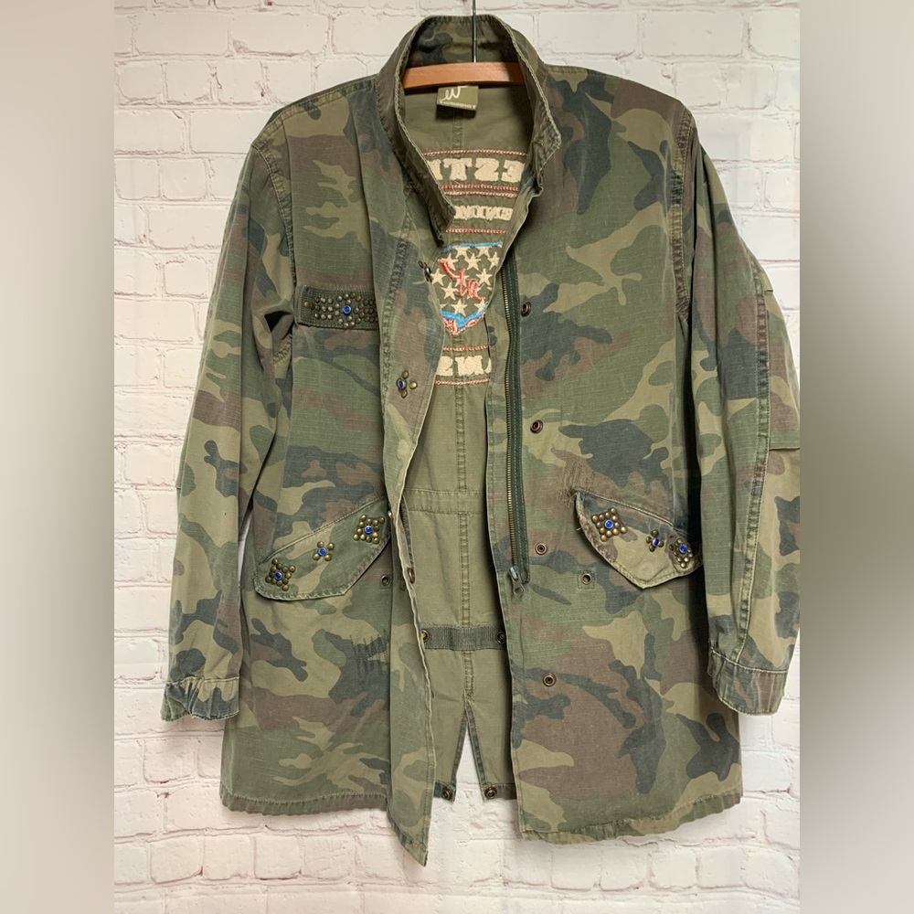 Western Denim Bank Camo Embroidered Distressed Jacket Size M - Picture 4 of 9